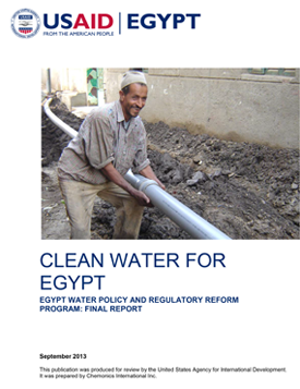 Image of the front page of a final report with a picture of a man smiling while placing piping in the ground above text that reads "Clean Water for Egypt."
