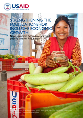Image of the front page of a final report with a woman smiling, holding money, and leaning over a crate full of green, tubular vegetables.