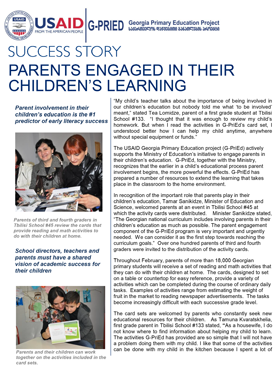 Image of a document highlighting a success story titled "Parents Engaged in Their Children's Learning."