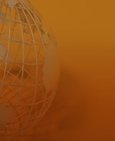Graphic of the globe fashioned out of metal in front of an orange background.