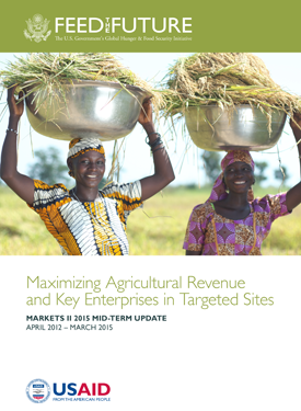The front page of a mid-term update showing an image of two smiling women carrying crops on their heads above the text "Maximizing Agricultural Revenue and Key Enterprises in Targeted Areas."