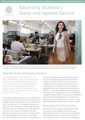 A document titled "Advancing Moldova's Textile and Apparel Sectors" with an image of a woman walking past sewing machines being operated by workers.