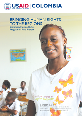 The front page of the final report with an image of a smiling woman and the text "Bringing Human Rights to the Regions" above her head.