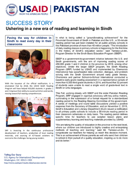 A document presenting a success story titled "Ushering in a New Era of Reading and Learning in Sindh."
