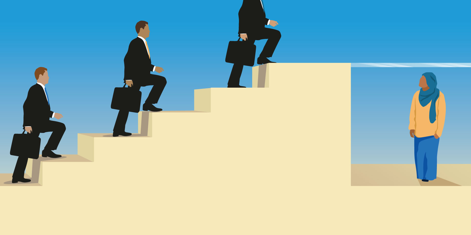A graphic of several businessmen moving up a stairway as a person in traditional clothing stands under a glass ceiling.