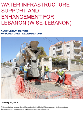 The front page of the final report showing a group of workers laying concrete on a street corner with the title "Water Infrastructure Support and Enhancement for Lebanon (WISE-LEBANON)"