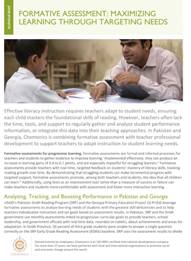 Image of a document titled "Formative Assessment: Maximizing Learning Through Targeting Needs." Includes photo of an instructor teaching a young student.