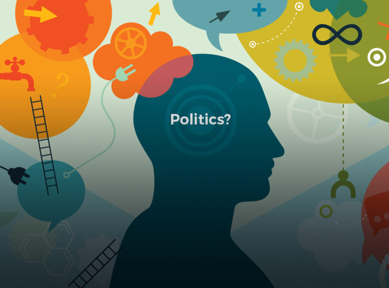 A graphic with several cartoon speech bubbles, ladders, power cords, and gears. In the middle is a profile of someone's head with "Politics?" written in the middle.