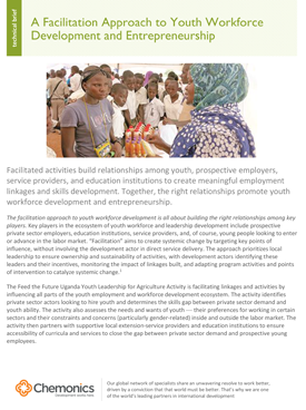 Image of a document titled "A Facilitation Approach to Youth Workforce Development and Entrepreneurship." Includes image of a woman selling wares at an open market.