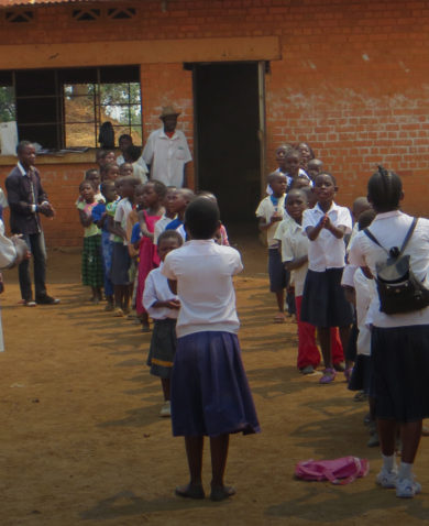 Image of several schoolchildren standing in single-file lines with teachers instructing them.