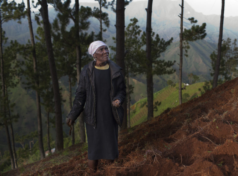 Image of a woman looking up a hill with freshly tilled red soil.