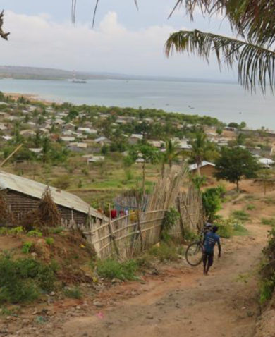 A view of a large village from atop a hill with a man carrying a bicycle down a dirt road and ocean in the background.