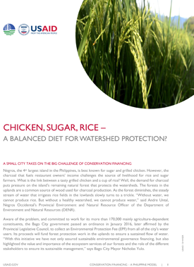 Image of a document titled "Chicken, Sugar, Rice - A balanced Diet for Watershed Protection?" Includes an image of tall grass.