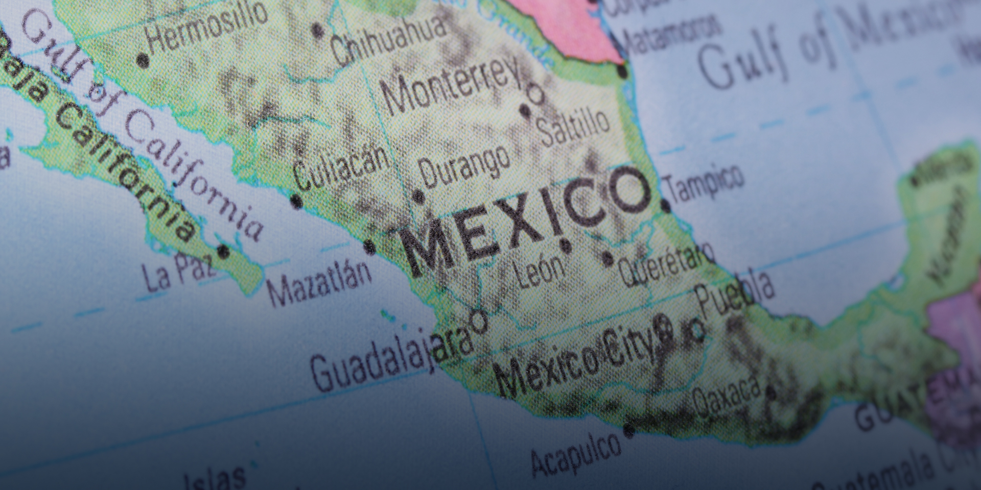 A close-up image of Mexico on a map.
