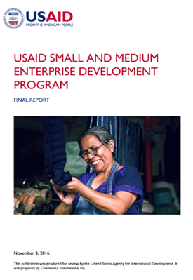 The front page of the final report titled "USAID Small and Medium Enterprise Development Program." Includes an image of a smiling woman holding a blue cloth in her hand.