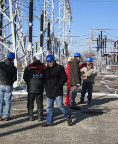 A group of people wearing hard hats standing beside a power grid.