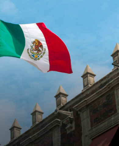 Image of the roof of a building with the Mexican flag on a flagpole waving.