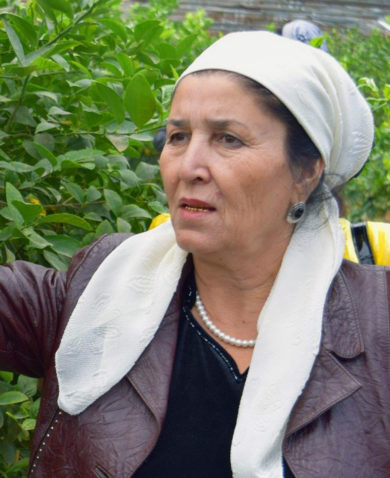 A woman standing beside a lemon tree and holding a lemon that is growing between the leaves.
