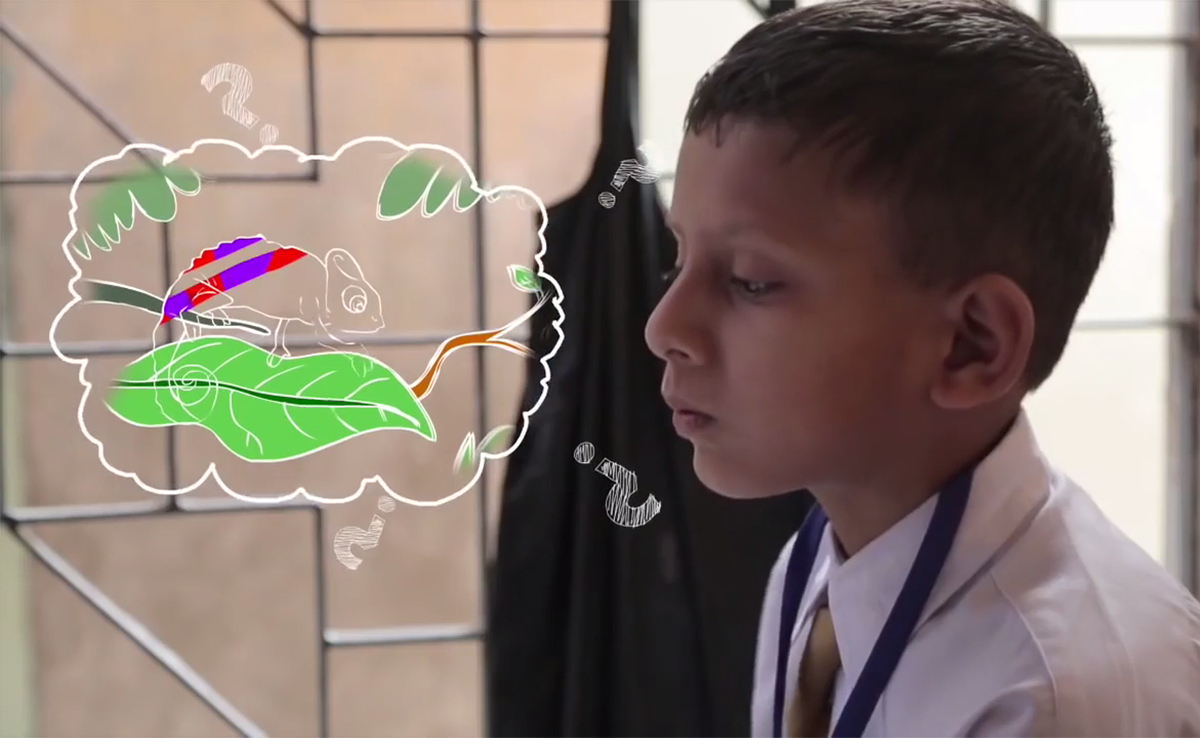 Image of a student looking off-camera overlaid with a drawn image of a chameleon and question marks.