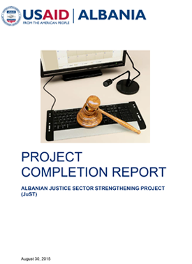 The front page of the final report titled "Project Completion Report." Includes an image of a keyboard with a gavel placed on top.
