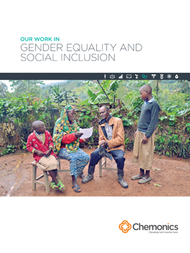 The front page of a report titled "Our Work in Gender Equality and Social Inclusion. Includes an image of a family sitting on chairs outside and discussing a document the mother is holding.