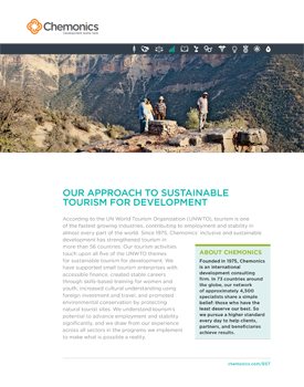 A document titled "Our Approach to Sustainable Tourism for Development." Includes a photo of a group of people standing on rocks in the midst of a large mountain range.