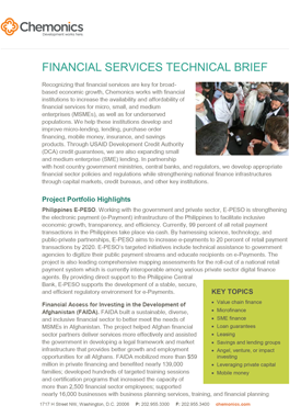 A document titled "Financial Services Technical Brief." Includes an image of several people standing together in a circle and talking.