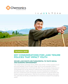 The front page of a report titled "Technical Brief: Key Considerations for Land Tenure Policies that Impact Youth." Includes a photo of a man smiling and standing in a freshly tilled field.