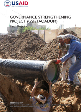 The front page of the final report titled "Governance Strengthening Project." Includes photo of workers laying a large pipe into the ground.