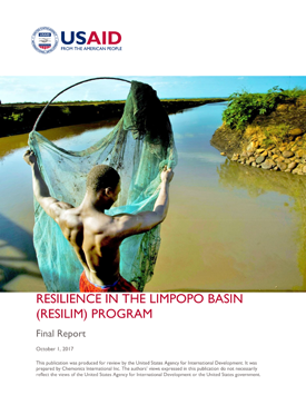 The front page of the final report titled "Resilience in the Limpopo Basin (RESILIM) Program." Includes a photo of a man pulling a large net out of a river.