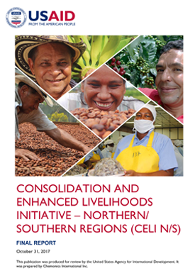 The front page of the final report titled "Consolidation and Enhanced Livelihoods Initiative - Nothern/Southern Regions." Includes several images of people smiling and working with crops.