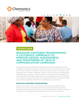The front page of a technical brief titled "Behavior-Centered Programming: A systematic Approach to Improve Design, Management, and Monitoring of Health Communication Campaigns." Includes image of two women speaking.