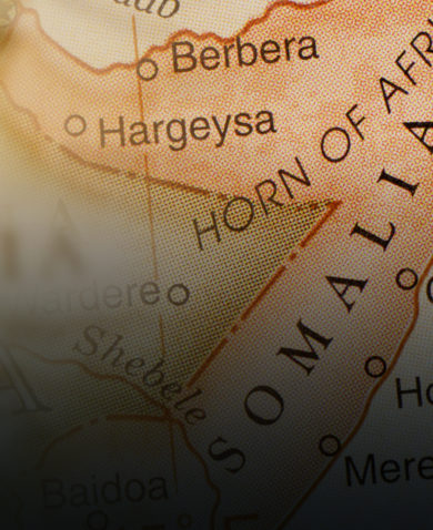A close-up image of Somalia on a map.