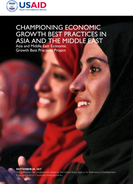 The front page of the final report titled "Championing Economic Growth Best Practices in Asia and the Middle East." Includes photo of two women smiling and looking off-camera.