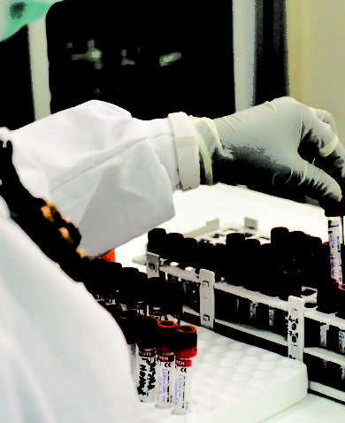 Image of a lab technician putting a test tube into a test tube holder.