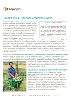 Image of a document titled "Strengthening Resilience Around the World." Includes an image of a man smiling as he places cabbages in a green bag.