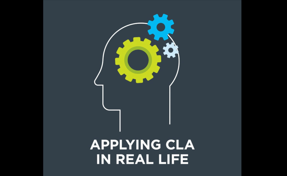 A graphic showing the profile of a head with gears in its center. Includes the text "Applying CLA in real life."