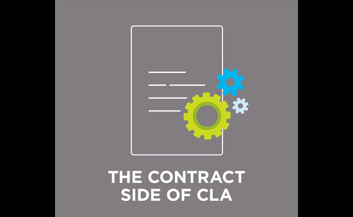 A graphic showing an illustration of a memo with green, blue, and white gears on the side. Includes the text "The Contract Side of CLA."