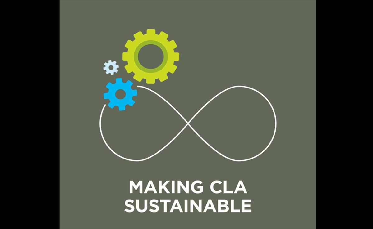 A graphic showing the symbol for infinity (a sideways 8) with green, blue, and white gears on the side. Includes the text "Making CLA Sustainable."