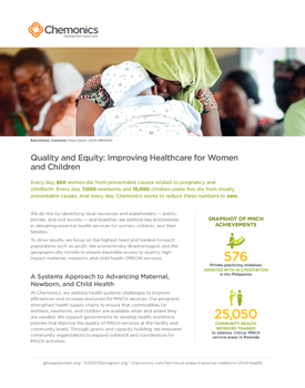 Image of a document titled "Quality and Equity: Improving Healthcare for Women and Children." Includes an image of a woman holding a baby.
