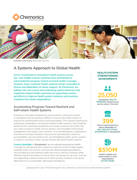 A document titled "A Systems Approach to Global Health." Includes an image of a pharmacist providing medicine to a woman carrying a small child.