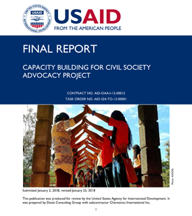 The front page of the final report titled "Capacity Building for Civil Society Advocacy Project." Includes photo of several people holding hands and forming an archway.