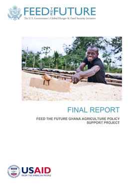 The front page of the final report with a header that says "Feed the Future." Includes image of a smiling man sifting harvested crops with a wooden plank.