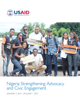 The front page of a report titled "Nigeria Strengthening Advocacy and Civic Engagement." Includes image of people posing for a group photo outside.