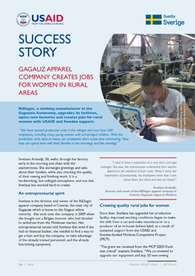 A document titled "Success Story: Gagauz Apparel Company Creates Jobs for Women in Rural Areas." Includes an image of a woman working on a sewing machine.
