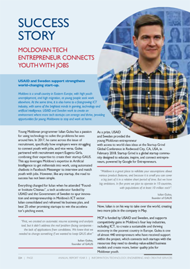 A document titled "Success Story: Moldovan Tech Entrepreneur Connects Youth with Jobs." Includes an image of a man posing for a photo.