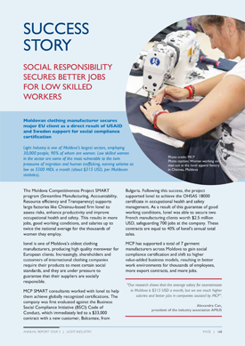 A document titled "Success Story: Social Responsibility Secures Better Jobs for Low-Skilled Workers." Includes image of a woman working on a sewing machine.