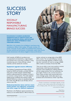 Image of a document titled "Success Story: Socially Responsible Manufacturing Brings Success." Includes image of a man inspecting several pairs of shoes hanging on a rack.