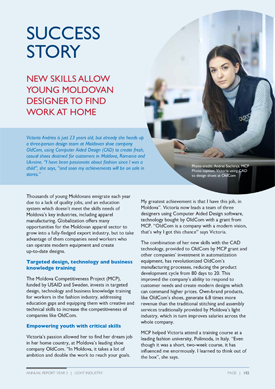A document titled "Success Story: New Skills Allow Young Moldovan Designer to Find Work at Home." Includes an image of a woman working at a desk.
