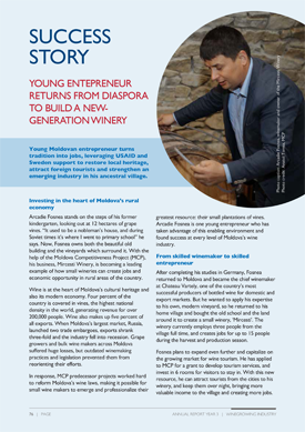 A document titled "Success Story: Young Entrepreneur Returns from Diaspora to Build a New-Generation Winery." Includes an image of a man inspecting a barrel.